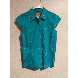 Hearts of Palm Teal Palm Tree Embroidered Button Down Blouse Womens 12 Tropical